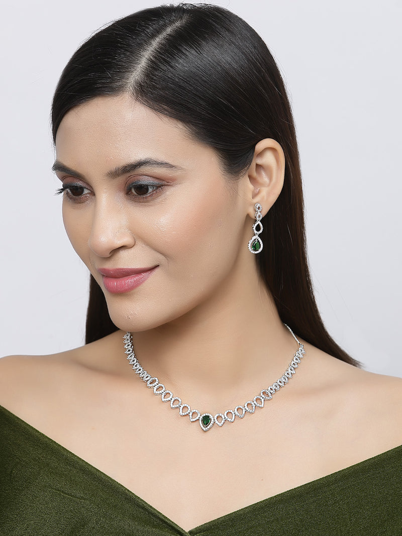 Rhodium-Plated Green American Diamonds Studded Spheroid Necklace & Earrings Jewellery Set