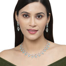 Rhodium-Plated Sea Green Oval American Diamond Studded Circular Shaped Necklace & Earrings Jewellery Set