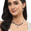 Rhodium-Plated Silver Toned Star Navy Blue American Diamond Studded Necklace Earrings Jewellery Set