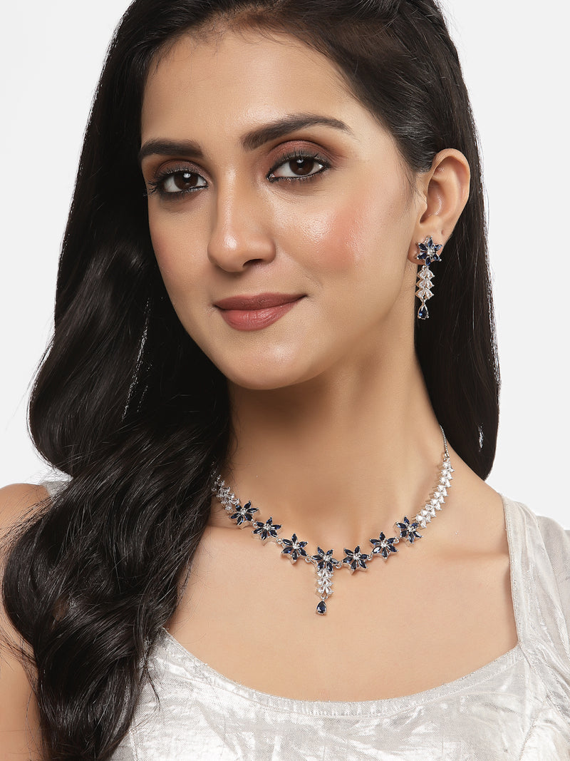 Rhodium-Plated Silver Toned Star Navy Blue American Diamond Studded Necklace Earrings Jewellery Set