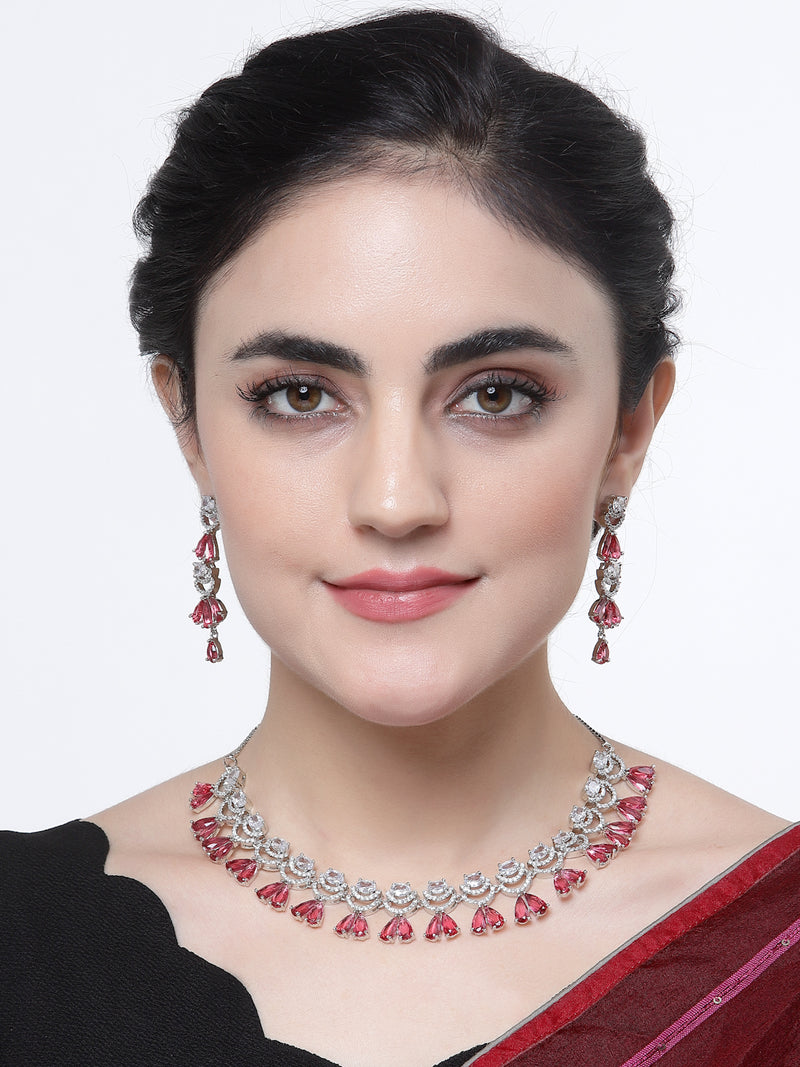 Rhodium-Plated Red American Diamond Studded Teardrop & Crescent Shaped Necklace with Earrings Jewellery Set