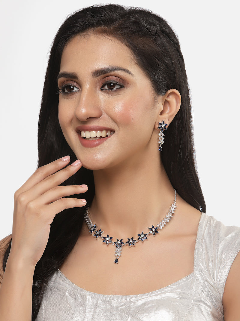 Rhodium-Plated Silver Toned Star Navy Blue American Diamond Studded Necklace Earrings Jewellery Set