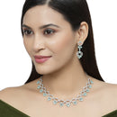 Rhodium-Plated Sea Green Oval American Diamond Studded Circular Shaped Necklace & Earrings Jewellery Set