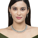 Rhodium-Plated Green American Diamond Studded Floral & Leaf Shaped Necklace with Earrings Jewellery Set