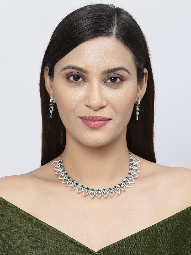 Rhodium-Plated Green American Diamond Studded Floral & Leaf Shaped Necklace with Earrings Jewellery Set