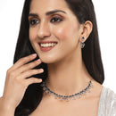 Rhodium-Plated Silver Toned Navy Blue American Diamond Studded Necklace with Earrings Jewellery Set