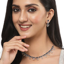 Rhodium-Plated Silver Toned Navy Blue American Diamond Studded Necklace with Earrings Jewellery Set