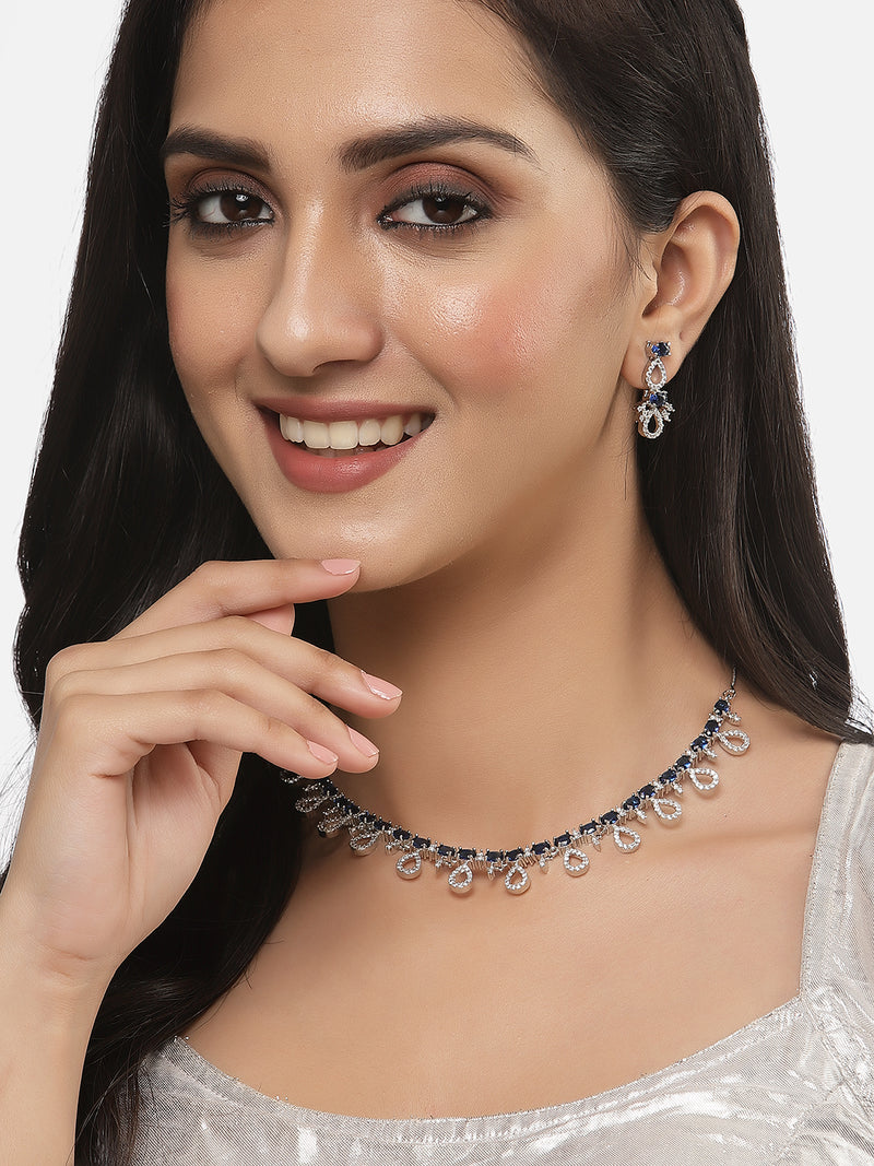 Rhodium-Plated Silver Toned Navy Blue American Diamond Studded Necklace with Earrings Jewellery Set