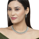 Rhodium-Plated Green American Diamond Studded Floral & Leaf Shaped Necklace with Earrings Jewellery Set