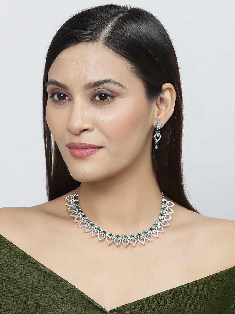 Rhodium-Plated Green American Diamond Studded Floral & Leaf Shaped Necklace with Earrings Jewellery Set