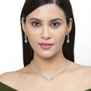 Rhodium-Plated Sea Green American Diamonds Studded Spheroid Necklace & Earrings Jewellery Set