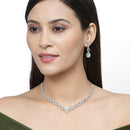 Rhodium-Plated Sea Green American Diamonds Studded Spheroid Necklace & Earrings Jewellery Set