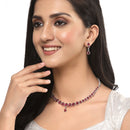 Oxidised Silver-Plated Red Round American Diamond Studded Necklace with Earrings Jewellery Set