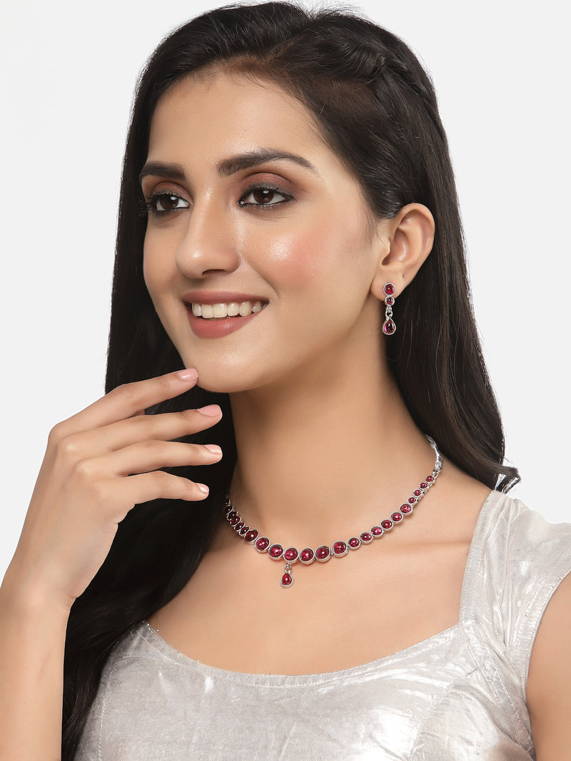 Oxidised Silver-Plated Red Round American Diamond Studded Necklace with Earrings Jewellery Set