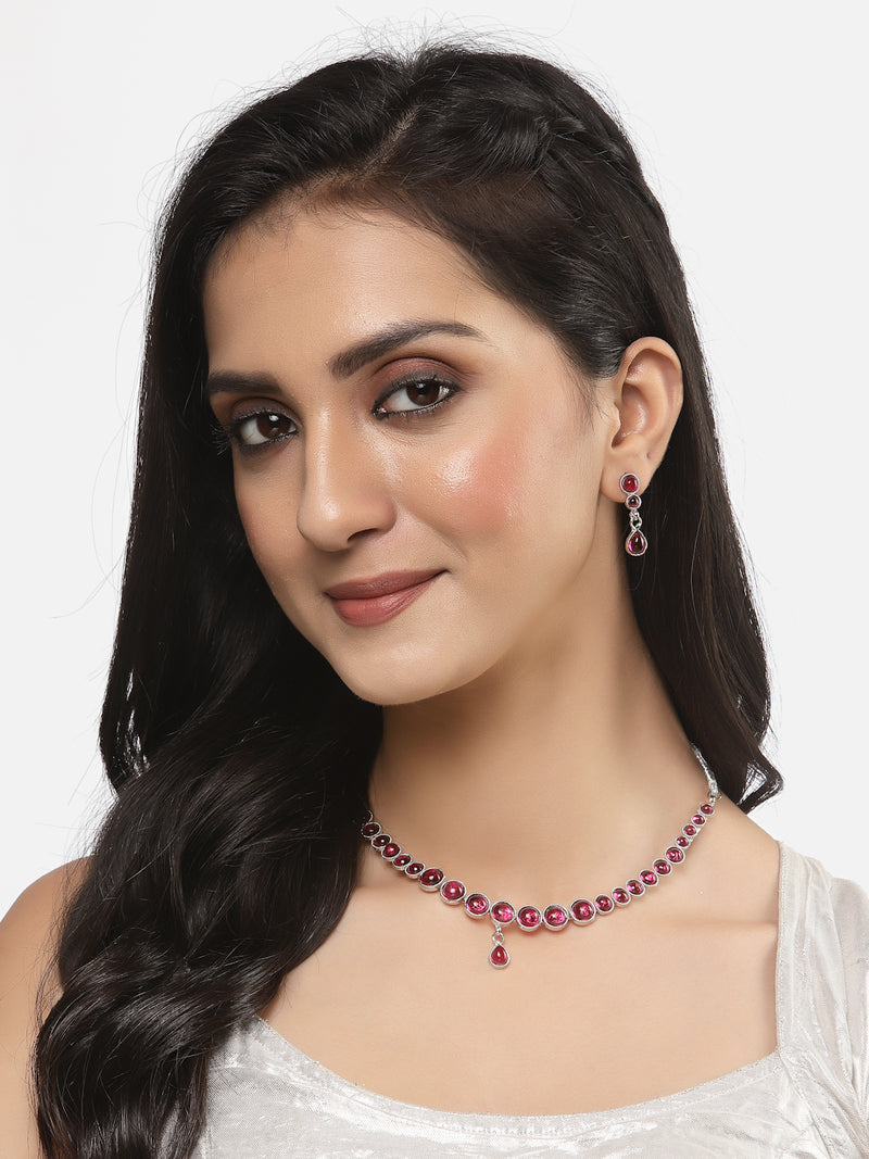 Oxidised Silver-Plated Red Round American Diamond Studded Necklace with Earrings Jewellery Set