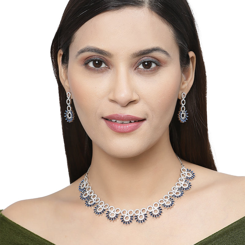 Rhodium-Plated Navy Blue American Diamond Studded Classic Necklace with Earrings Jewellery Set