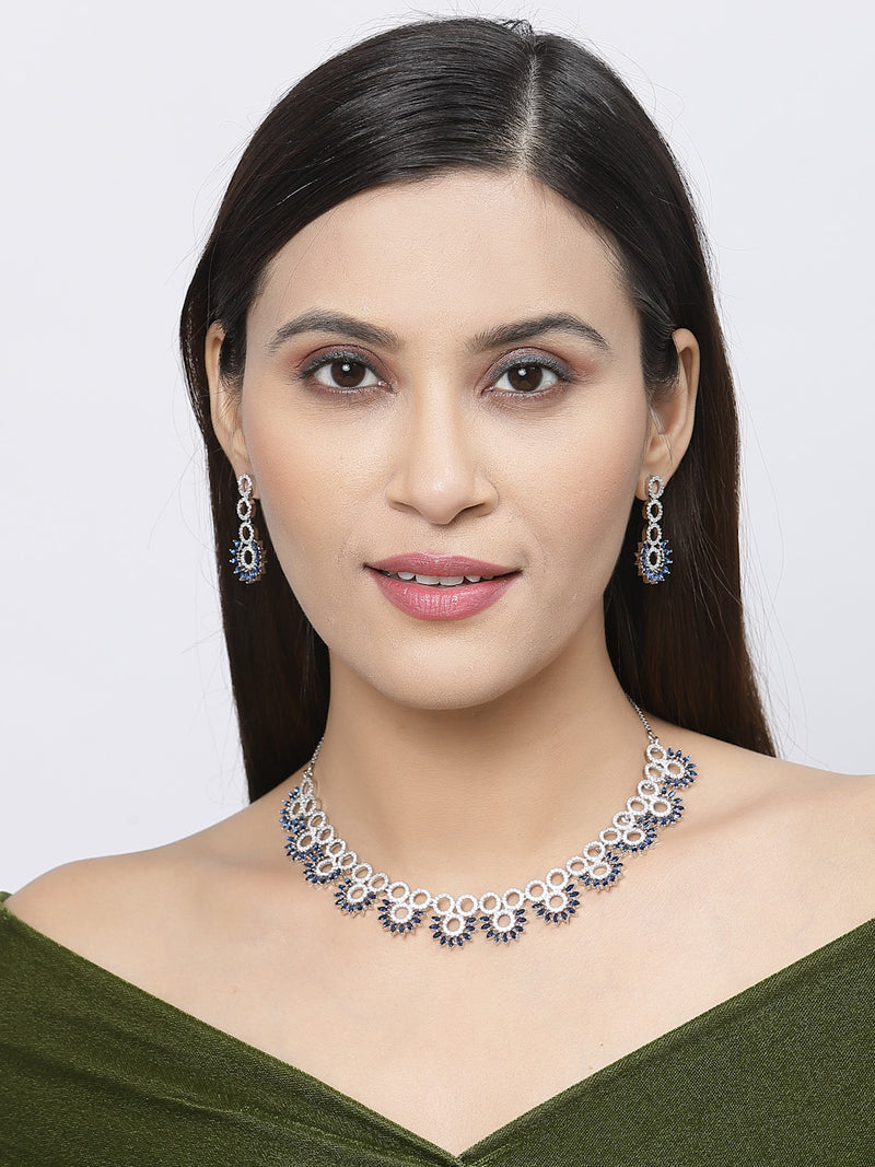 Rhodium-Plated Navy Blue American Diamond Studded Classic Necklace with Earrings Jewellery Set