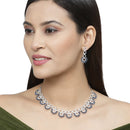 Rhodium-Plated Navy Blue American Diamond Studded Classic Necklace with Earrings Jewellery Set