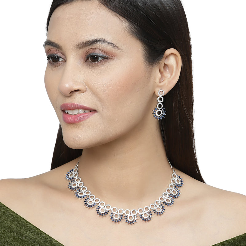Rhodium-Plated Navy Blue American Diamond Studded Classic Necklace with Earrings Jewellery Set