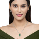 Rhodium-Plated Green American Diamond Studded Square & Leaf Shaped Pendant with Earrings Jewellery Set