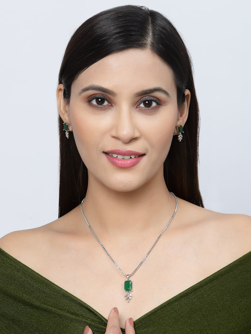 Rhodium-Plated Green American Diamond Studded Square & Leaf Shaped Pendant with Earrings Jewellery Set