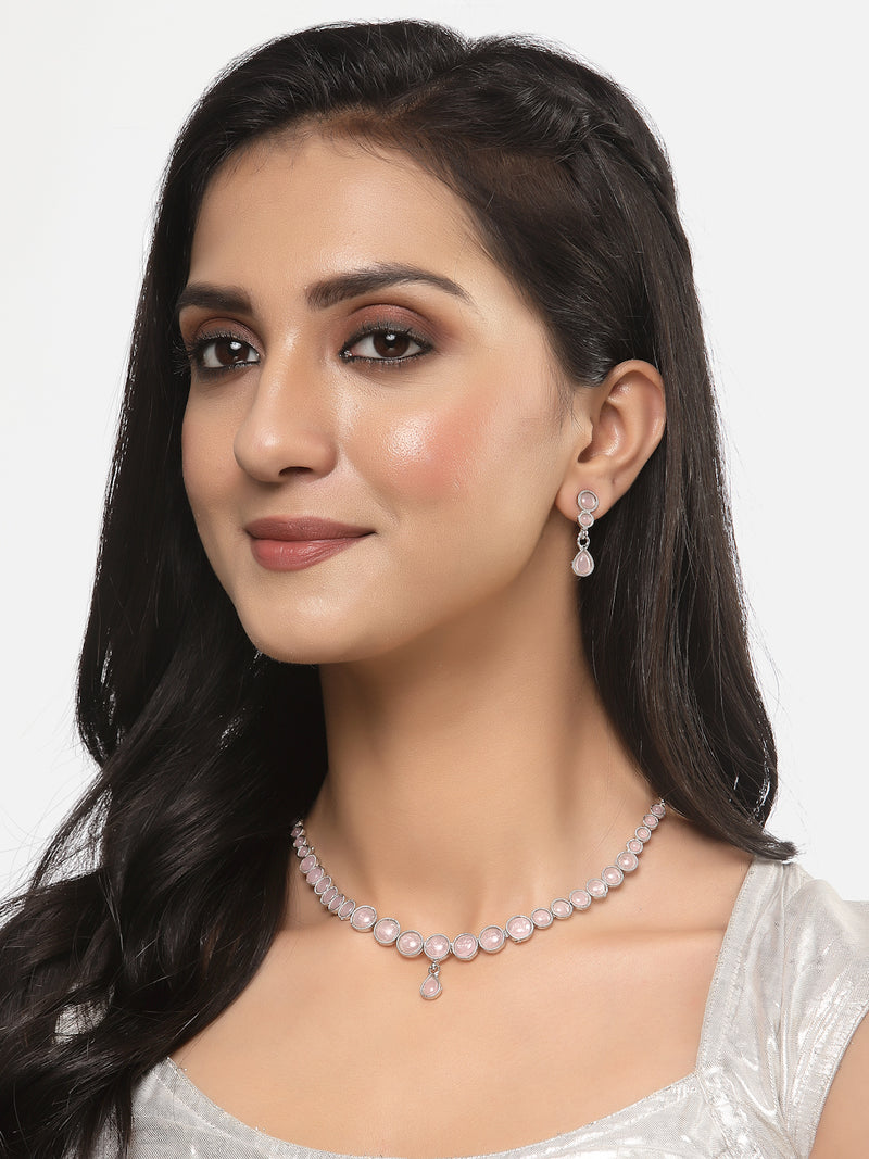 Oxidised Silver-Plated Pink Round American Diamond Studded Necklace with Earrings Jewellery Set