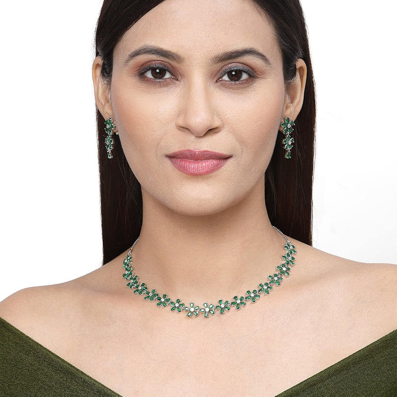 Rhodium-Plated Green American Diamonds Studded Floral Necklace & Earrings Jewellery Set