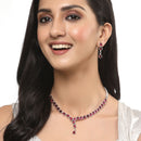 Oxidised Silver-Plated Red American Diamond Studded Necklace with Earrings Jewellery Set