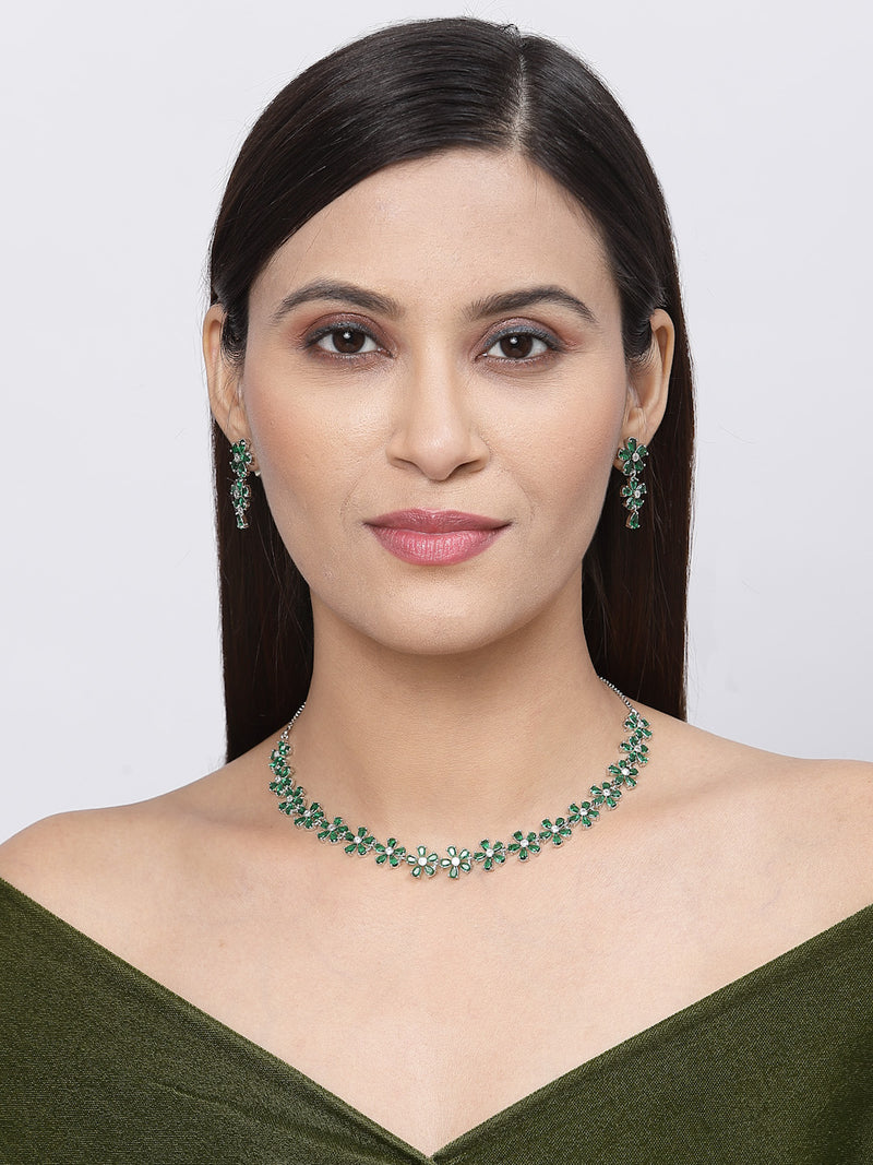 Rhodium-Plated Green American Diamonds Studded Floral Necklace & Earrings Jewellery Set