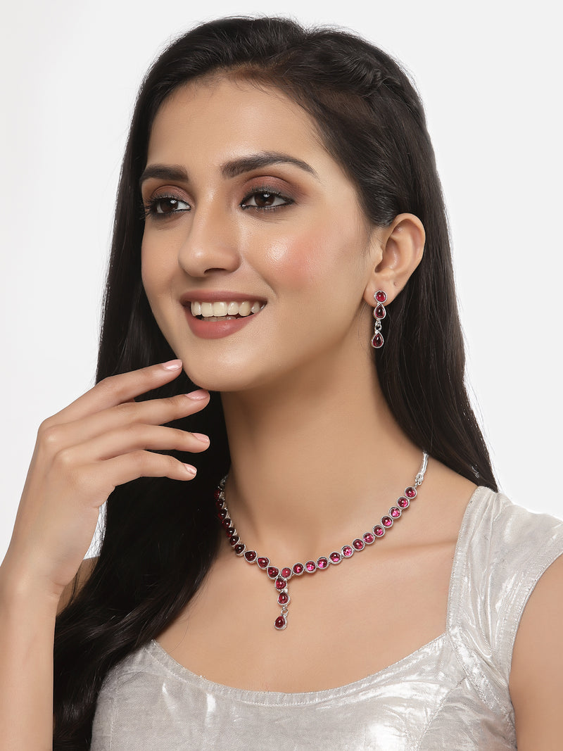 Oxidised Silver-Plated Red American Diamond Studded Necklace with Earrings Jewellery Set