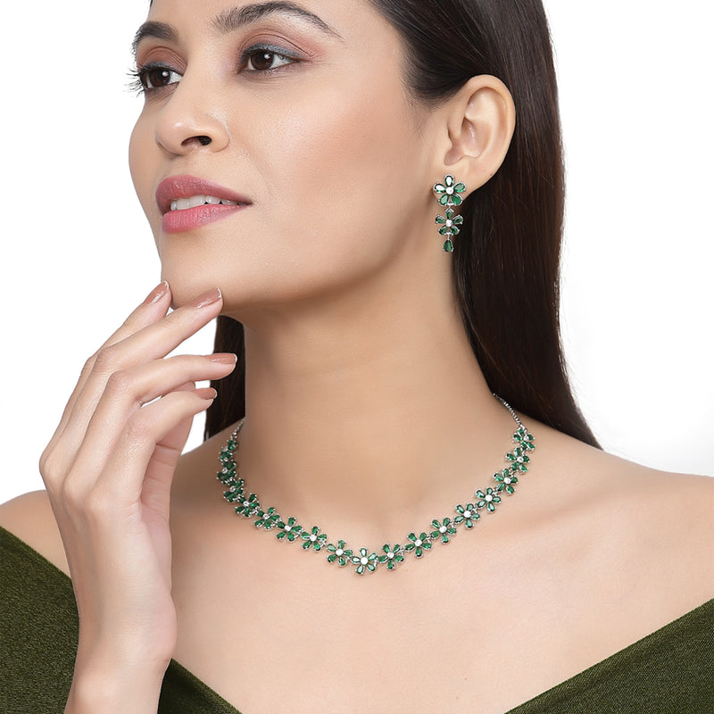 Rhodium-Plated Green American Diamonds Studded Floral Necklace & Earrings Jewellery Set