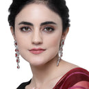 Rhodium-Plated Red & White American Diamond studded Floral Chandelier Drop Earrings