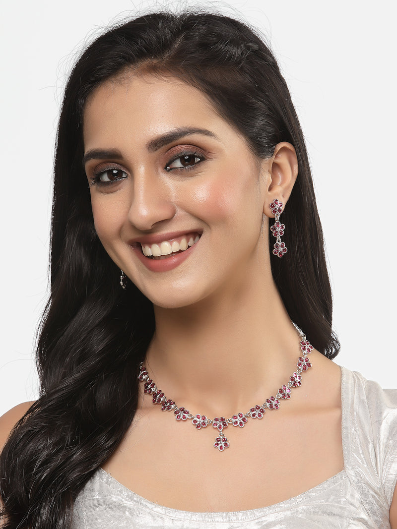 Oxidised Silver-Plated Flower Shaped Red American Diamond Studded Necklace Earrings Jewellery Set