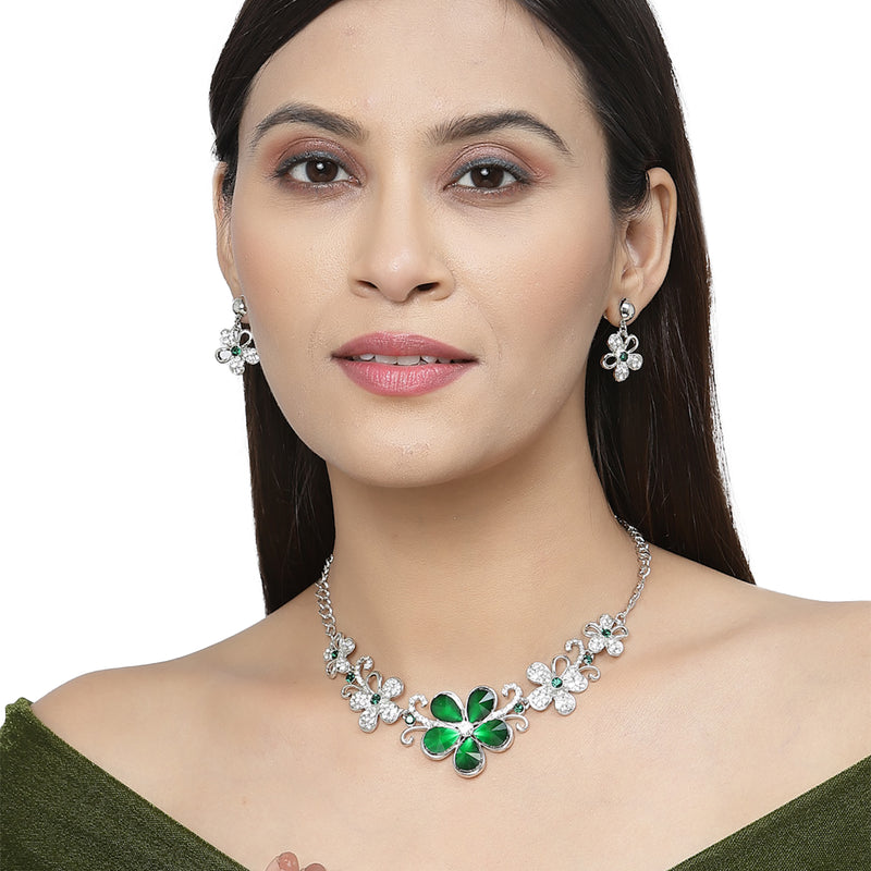 Rhodium-Plated Green American Diamonds Studded Floweret Necklace & Earrings Jewellery Set