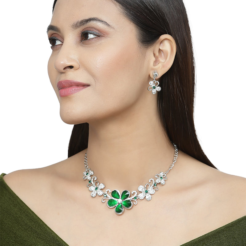 Rhodium-Plated Green American Diamonds Studded Floweret Necklace & Earrings Jewellery Set