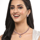 Oxidised Silver-Plated Flower & Leaf Red American Diamond Studded Necklace Earrings Jewellery Set