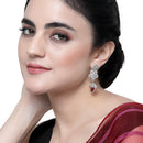 Rhodium-Plated Red American Diamond studded Dome & Teardrop Shaped Jhumka Earrings