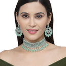 Silver-Plated Sea Green Cubic Zirconia Studded Necklace with Earrings Jewellery Set