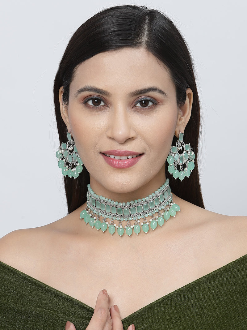 Silver-Plated Sea Green Cubic Zirconia Studded Necklace with Earrings Jewellery Set