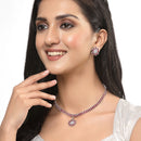 Oxidised Silver-Plated Flower & Leaf Red American Diamond Studded Necklace Earrings Jewellery Set