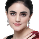 Rhodium-Plated Red American Diamond studded Dome & Teardrop Shaped Jhumka Earrings