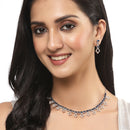 Rhodium-Plated Silver Toned Rectangle Navy Blue American Diamond Studded Necklace Earrings Jewellery Set