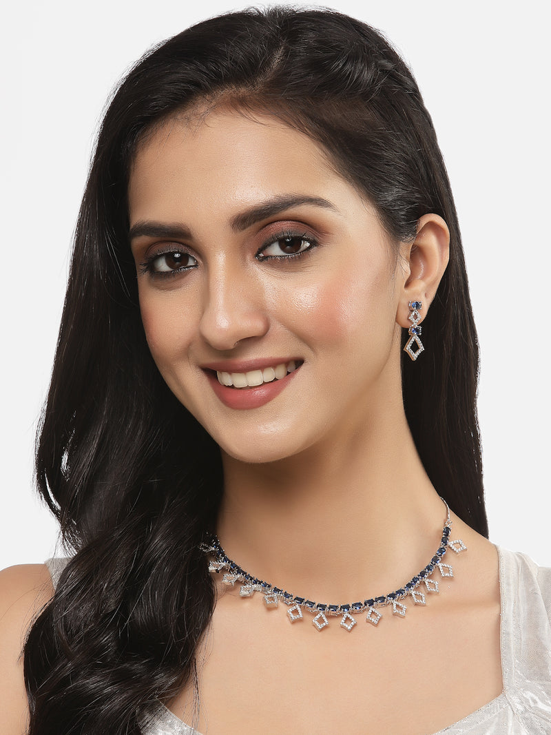 Rhodium-Plated Silver Toned Rectangle Navy Blue American Diamond Studded Necklace Earrings Jewellery Set