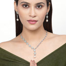 Rhodium-Plated Sea Green American Diamond & White Pearl Studded Floral Necklace & Earrings
