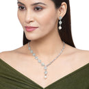 Rhodium-Plated Sea Green American Diamond & White Pearl Studded Floral Necklace & Earrings