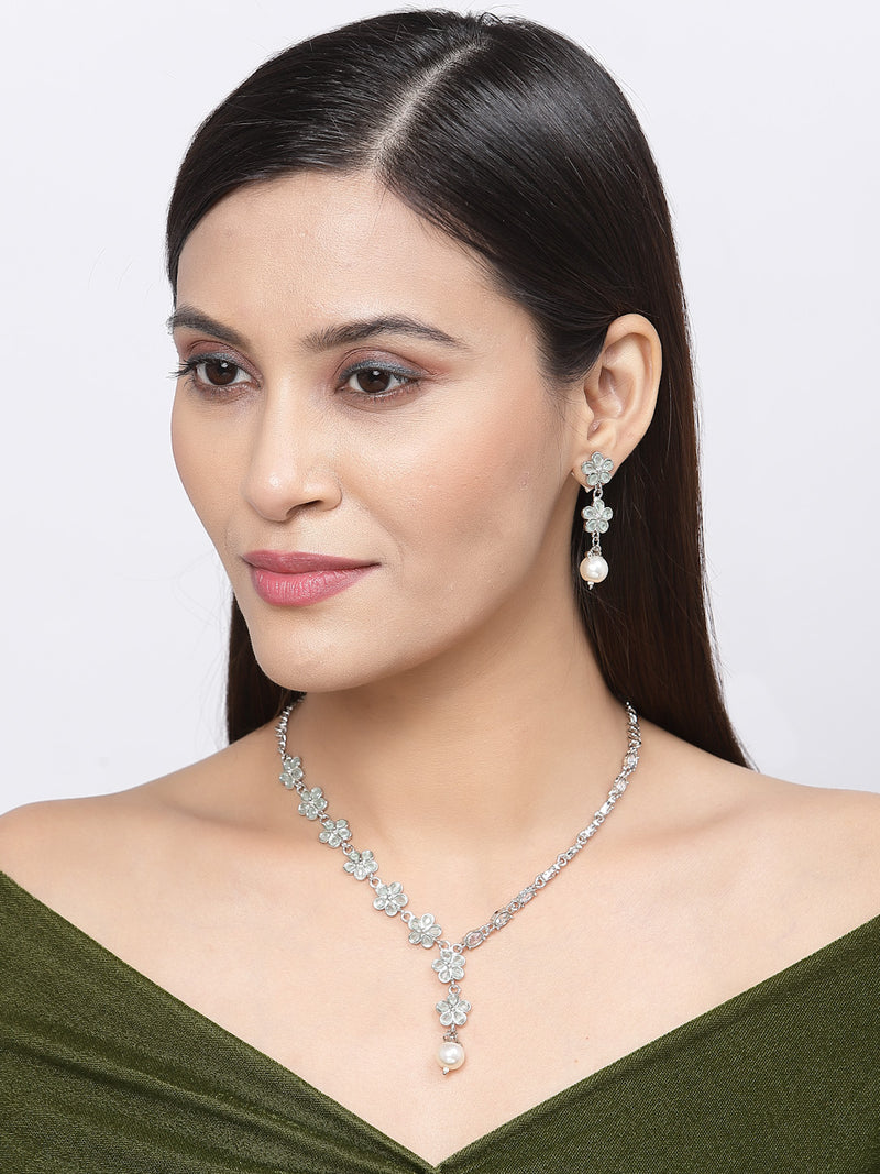 Rhodium-Plated Sea Green American Diamond & White Pearl Studded Floral Necklace & Earrings
