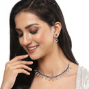 Rhodium-Plated Silver Toned Rectangle Navy Blue American Diamond Studded Necklace Earrings Jewellery Set