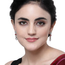 Rhodium-Plated Red American Diamond studded Floral Shaped Drop Earrings