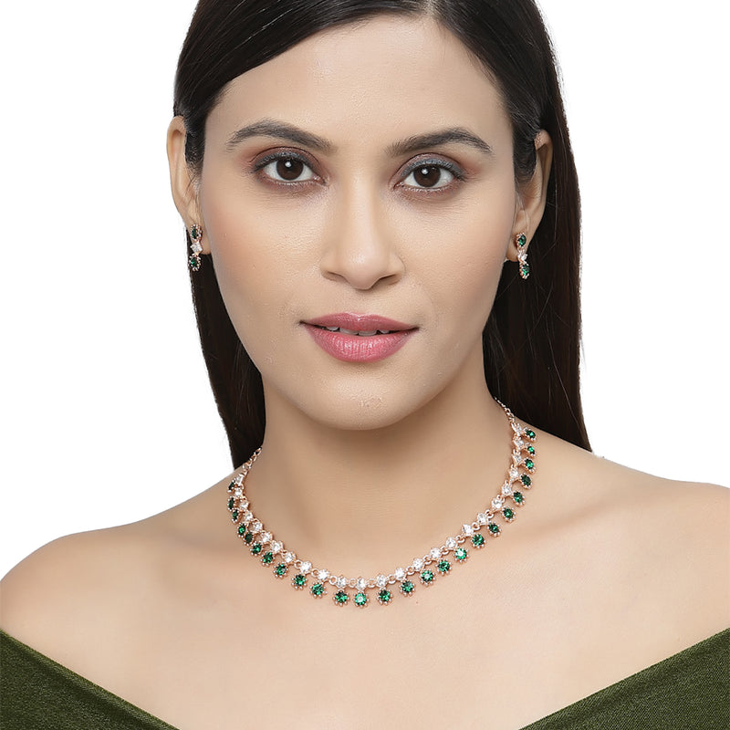 Rose Gold-Plated Green & White American Diamond Studded Star Shaped Necklace with Earrings Jewellery Set