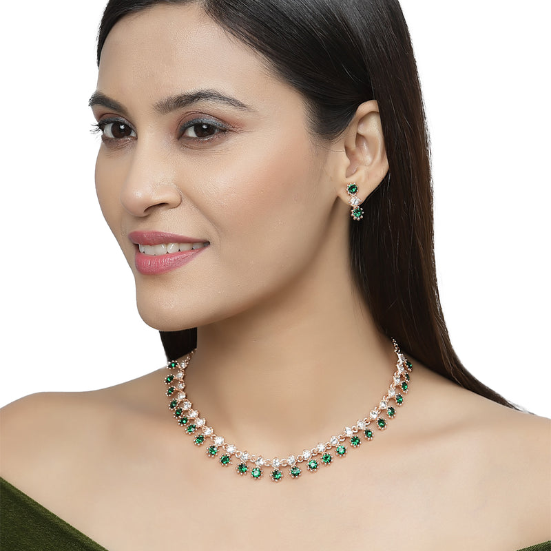 Rose Gold-Plated Green & White American Diamond Studded Star Shaped Necklace with Earrings Jewellery Set